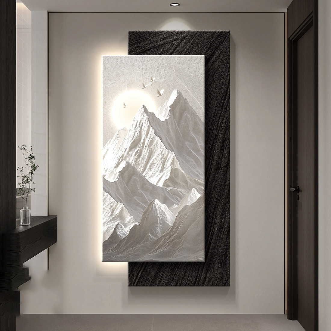 背有靠山玄关装饰画轻奢高级感玄关感应挂画立体浮雕入户正对门画