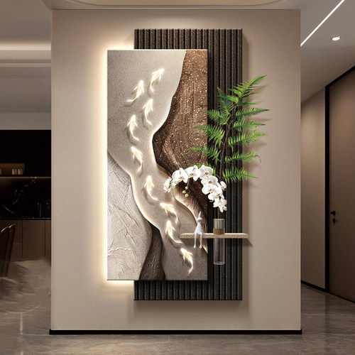 石来运转玄关装饰画现代轻奢九鱼走廊过道挂画高级感水培绿植壁画