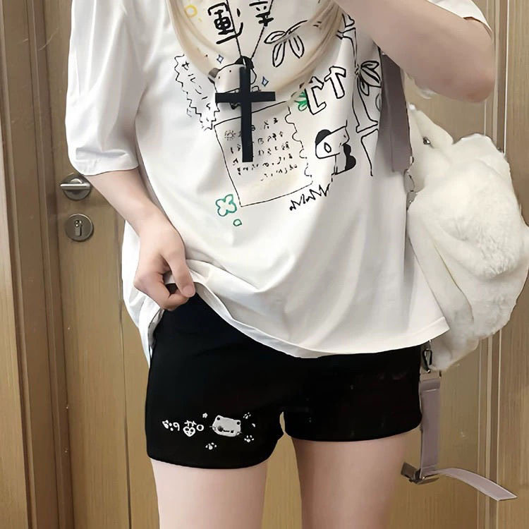 日系猫咪夏季阔腿短裤女黑色休闲二次元可爱宅系软妹宽松甜美学生
