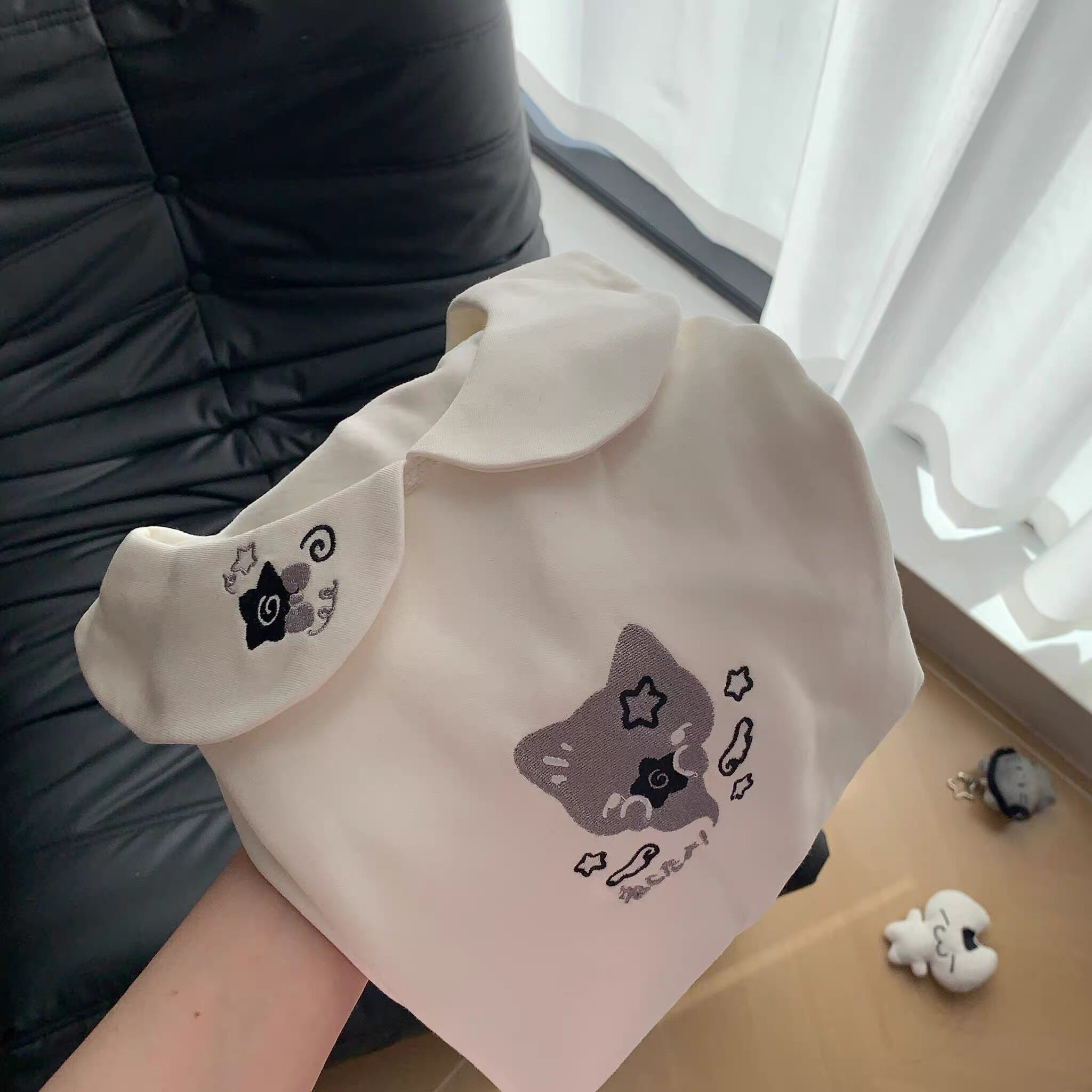 宅萌二次元娃娃领可爱猫咪刺绣德绒保暖打底衫软妹秋冬款长袖内搭