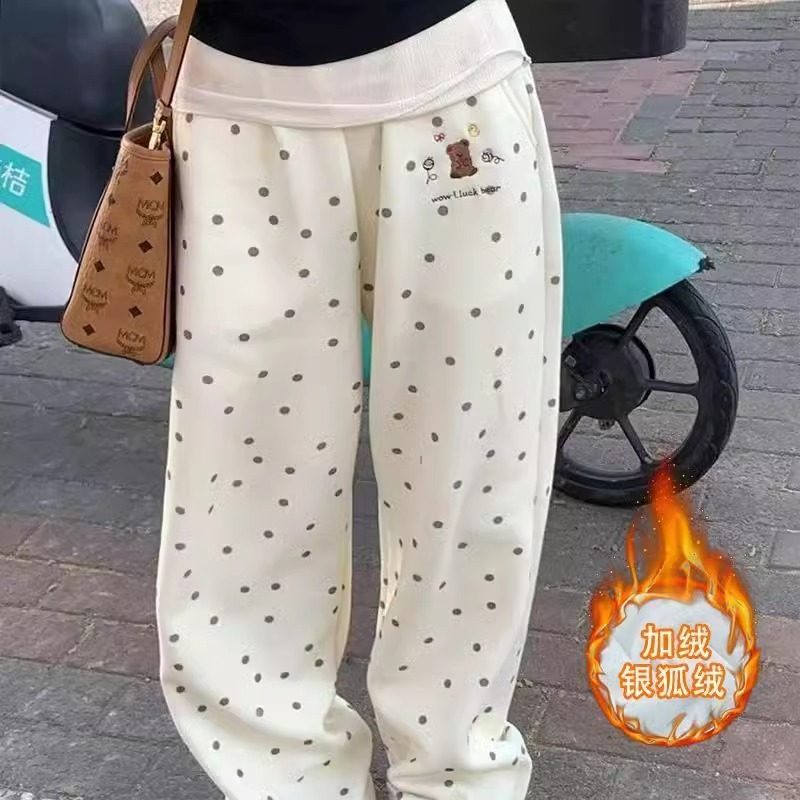 可爱狗刺绣蓝色格子秋冬加厚休闲阔腿裤高腰日系长裤百搭少女外穿