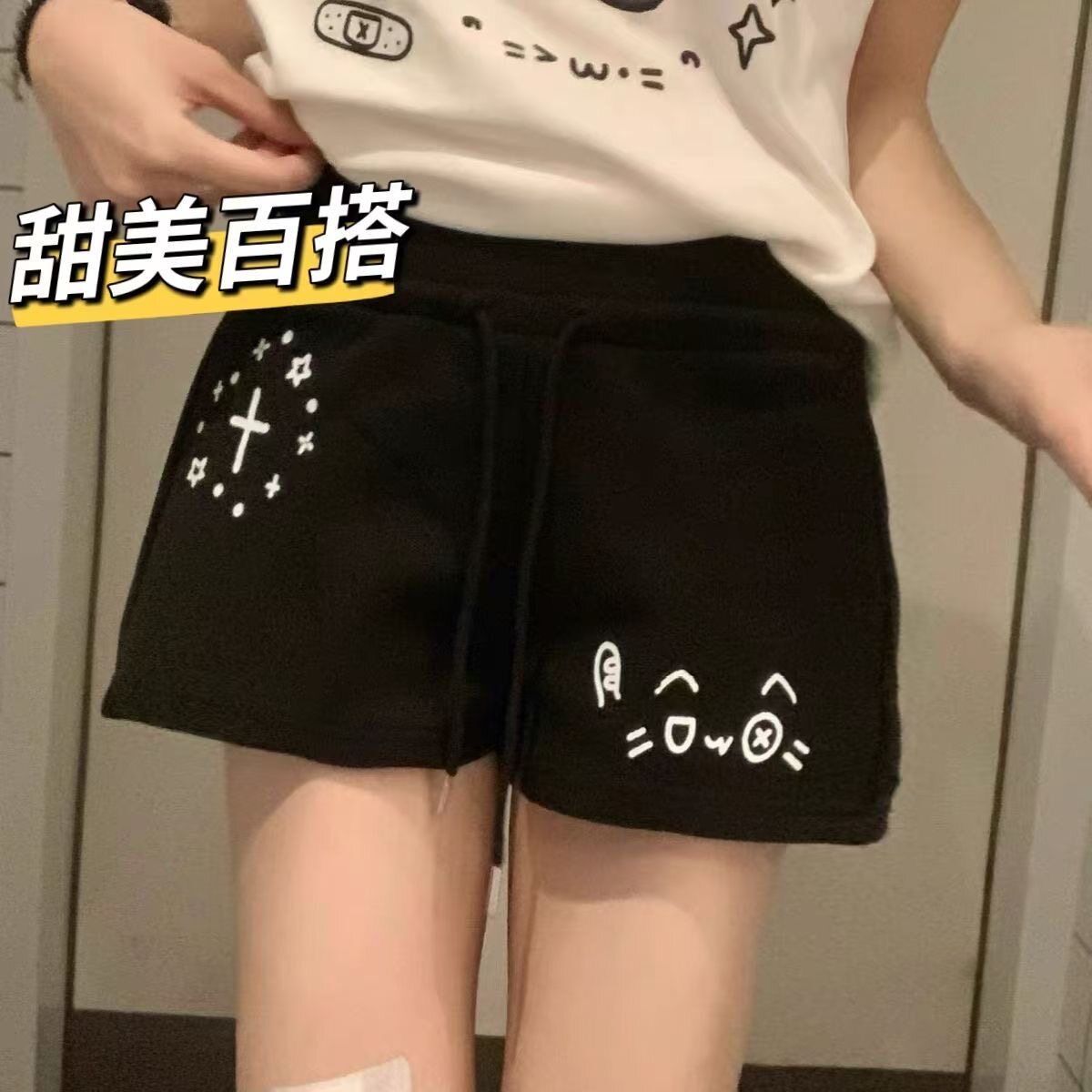 日系百搭可爱软妹猫咪颜文字短裤女韩版甜美通勤休闲宅萌五分裤潮