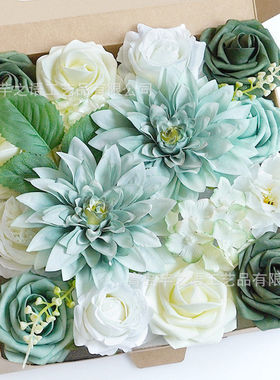 新款跨境热销礼盒花仿真花生日求婚婚礼花头带杆DIY手捧绿色奶白