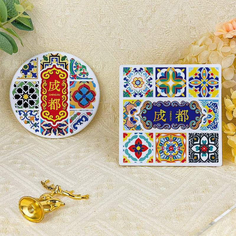 成都文创圆形陶瓷杯垫砖花防滑软木杯垫吸水隔热防摔硅藻泥茶杯垫