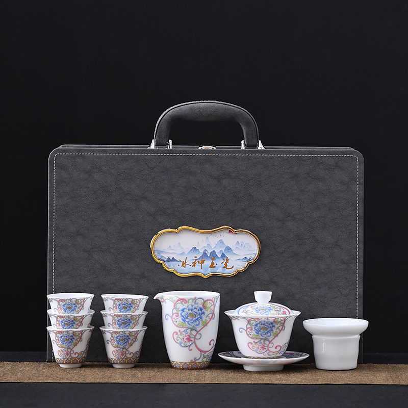德化白瓷国潮牡丹花开富贵功夫茶具套装礼盒轻奢家用泡茶冰种玉瓷