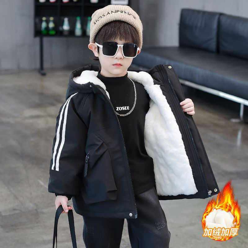 男童加绒派克服冬装洋气潮酷儿童加厚外套5到6七八九十岁男孩棉衣