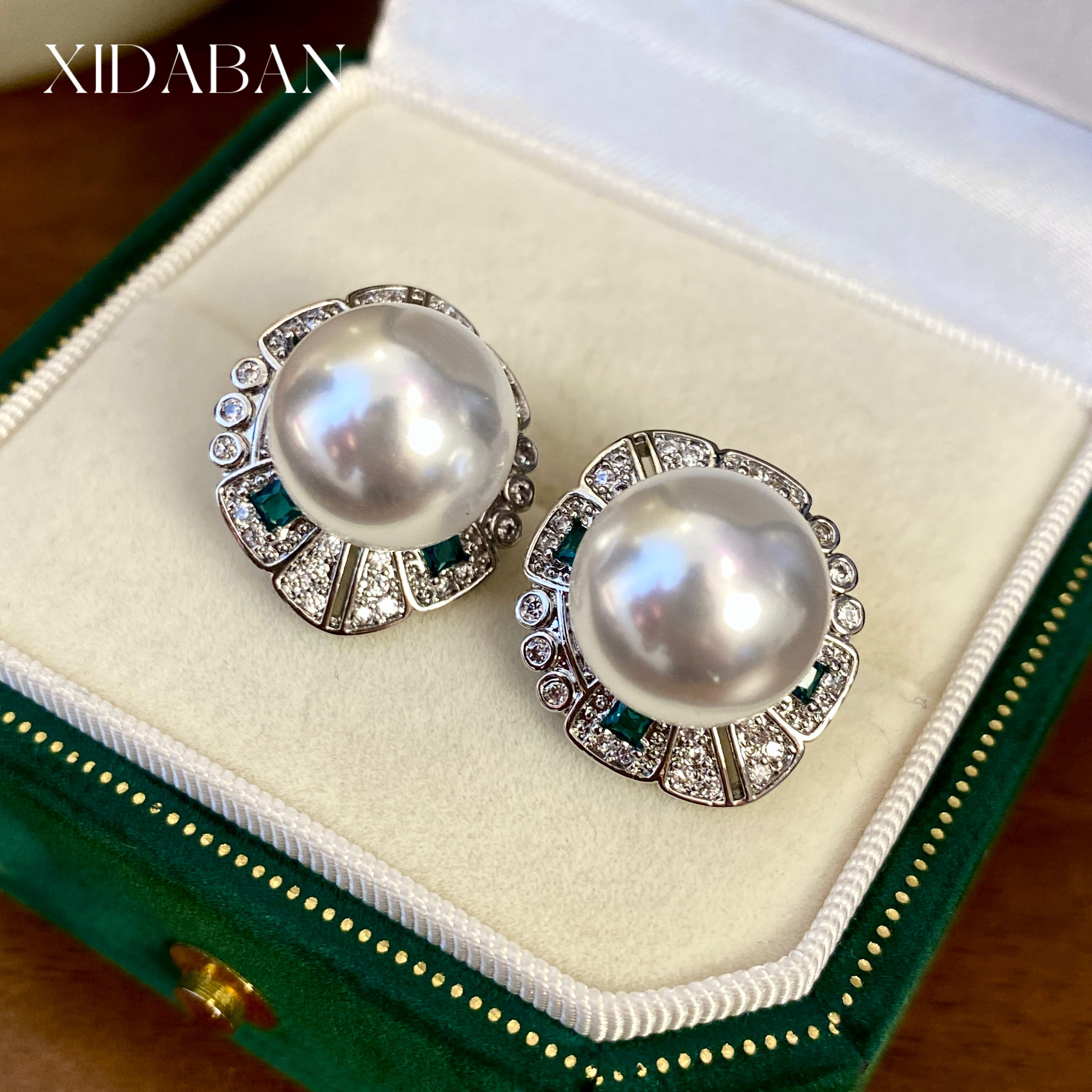 西大班复古菱形镶满钻珍珠耳环女