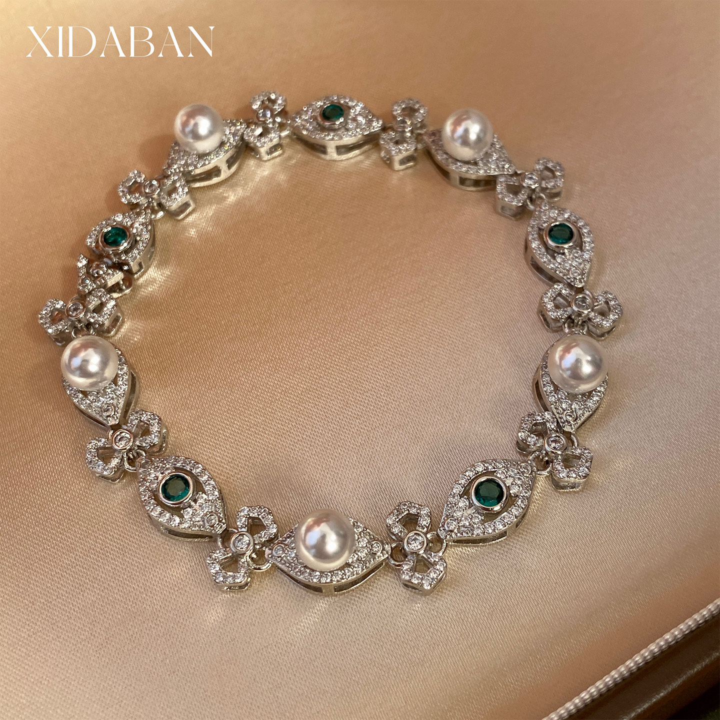 西大班新中式仿祖母绿钻珍珠手链