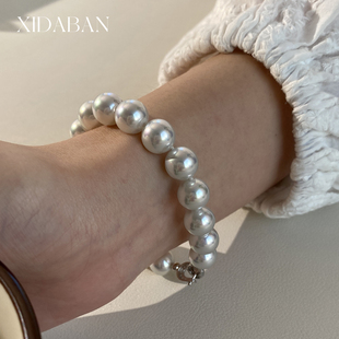 S925纯银强光蓝血澳白珍珠手链镶满钻马蹄扣手串小众轻奢高级手饰