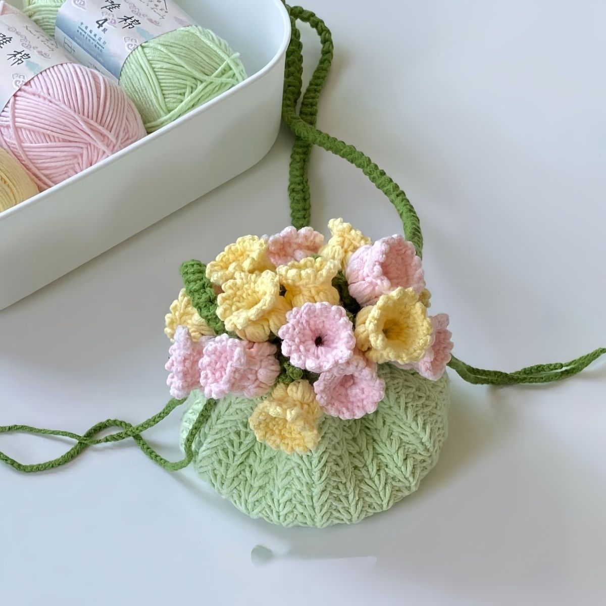 手工diy钩针毛线编织花朵斜挎包水桶材料花束自制包送闺蜜礼物
