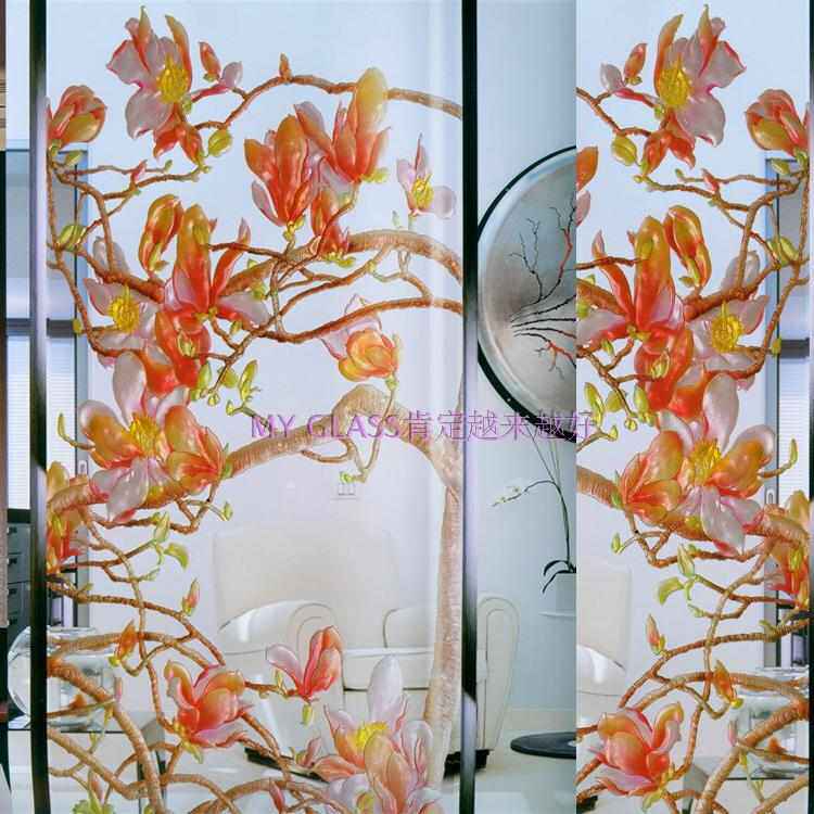 钢化艺术玻璃透明底玄关春屏风来手工雕刻了门开芯隔断玉兰花雕花