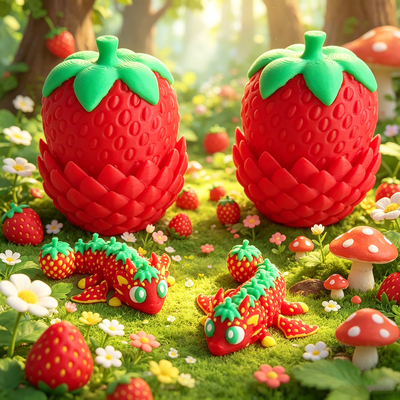 3D打印可爱呆萌草莓龙+龙蛋摆件模型的塑料创意桌面装饰摆件