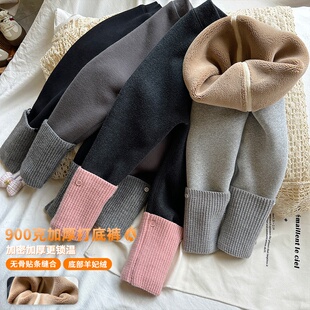 豆小昕2024冬女童加绒加厚打底裤韩版无骨贴条缝合800克保暖裤子