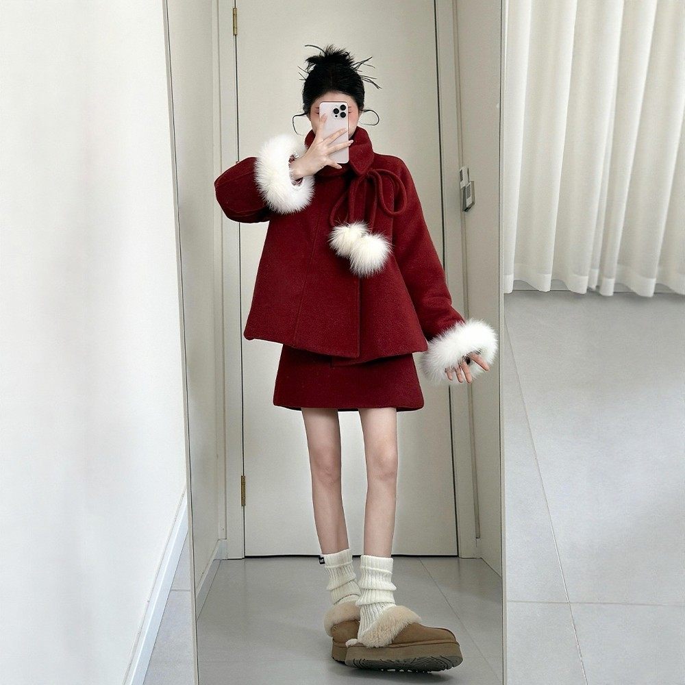 巨好看的初冬新款ootd一整套新年氛围感红色毛呢外套半身短裙套装
