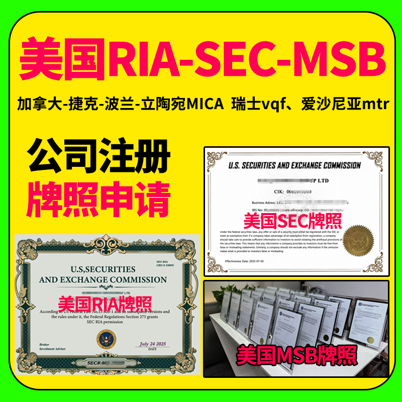 公司注册牌照申请香港美国MSB-RIA-SEC英国捷克立陶宛加拿大MICA
