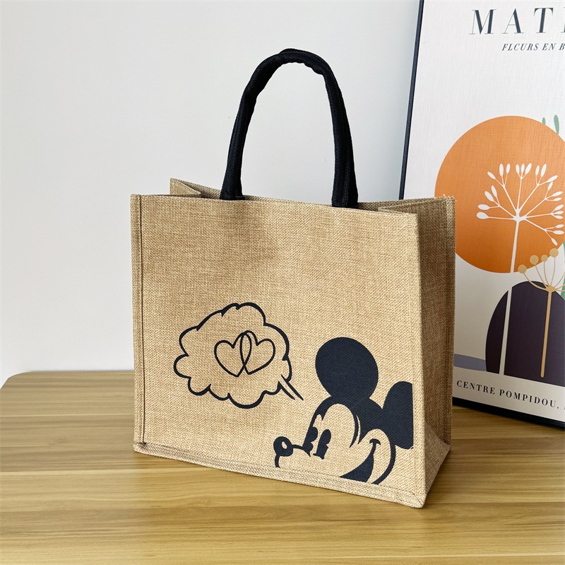 时尚亚麻手提购物袋大容量便当包女复古字母手提袋上班通勤包现货