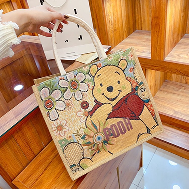 亚麻大容量手提包刺绣可爱卡通