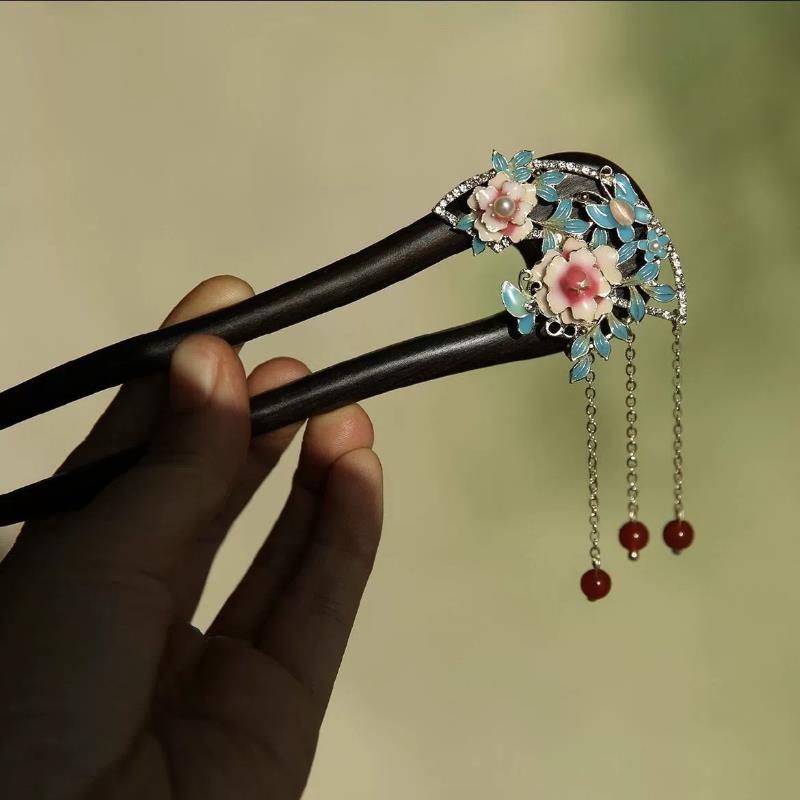 牡丹亭 高端定制U型盘发发钗黑檀木发簪神器