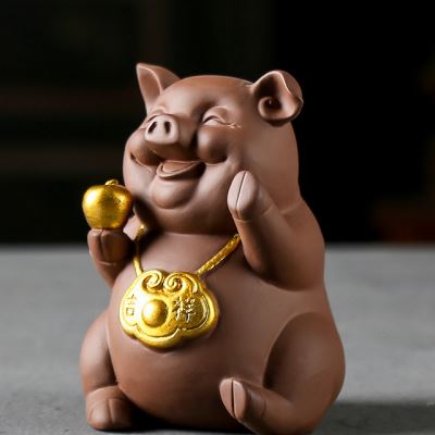 创意紫砂家居装饰品电视柜摆件 招财猪书房博古架摆设陶瓷工艺i.