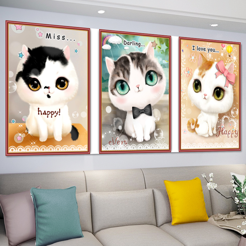 可爱趣味萌猫客厅自粘三联画温馨卧室床头装饰画沙发背景壁画贴纸图片