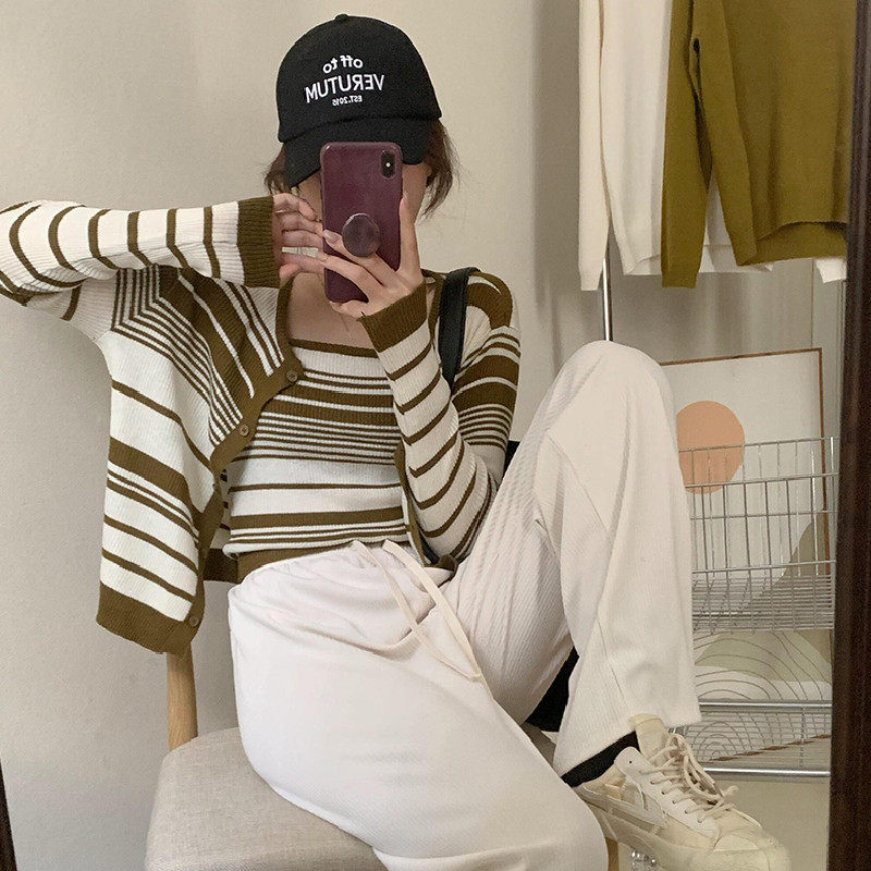条纹针织吊带开衫两件套女2026春秋新款韩版时尚百搭修身显瘦上衣,女装/女士精品,毛针织衫,淘宝优惠券,粉丝福利购,淘宝优惠卷