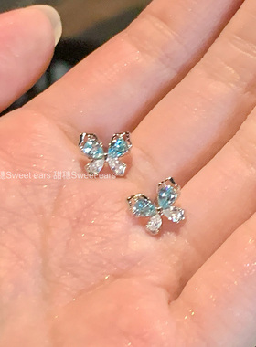 轻奢精致超闪蓝色锆石蝴蝶耳骨钉钛钢养耳洞耳钉高级感耳饰面免摘