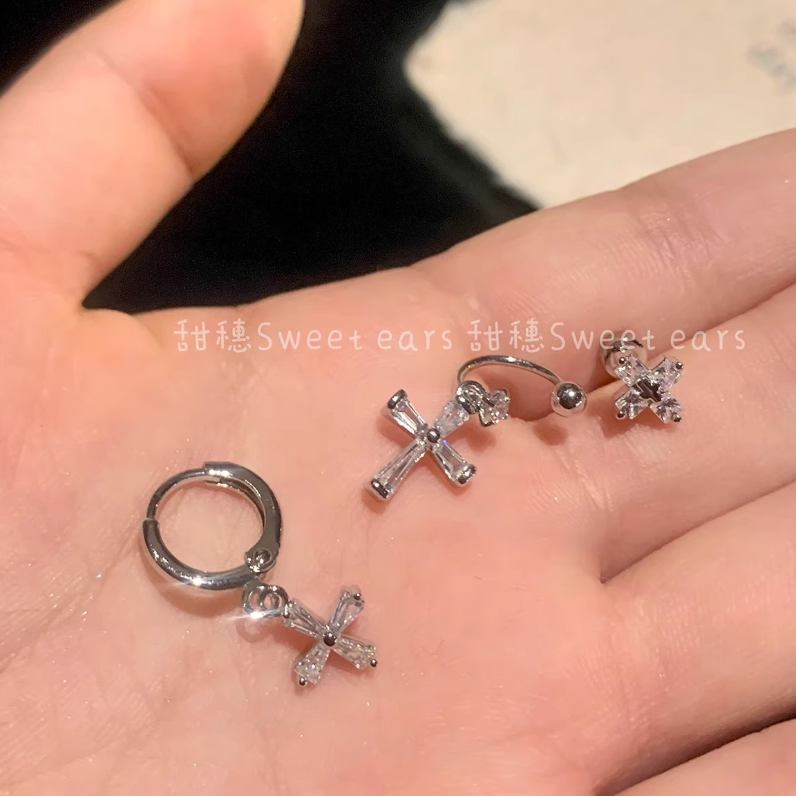 透明十字架耳环耳骨钉医用钛钢