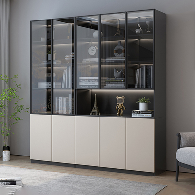 轻奢实木书柜玻璃门组合展示柜家用客厅收纳柜一体整墙防尘收纳柜