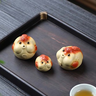 宜兴紫砂茶宠吐泡泡鱼鸿运当头小金鱼香插招财大小号茶玩可爱可养