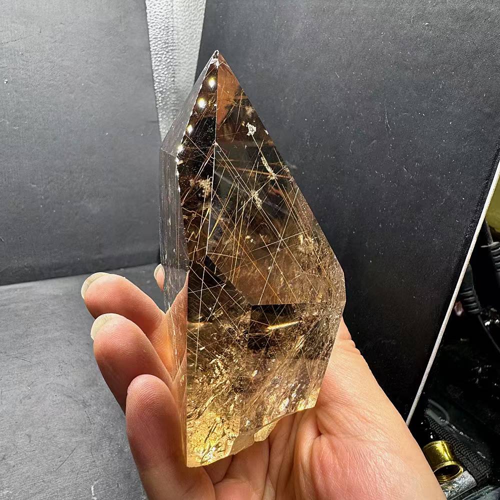 发晶柱摆件 天然水晶原石打磨 茶色晶体 晶体透 单尖柱 金发晶