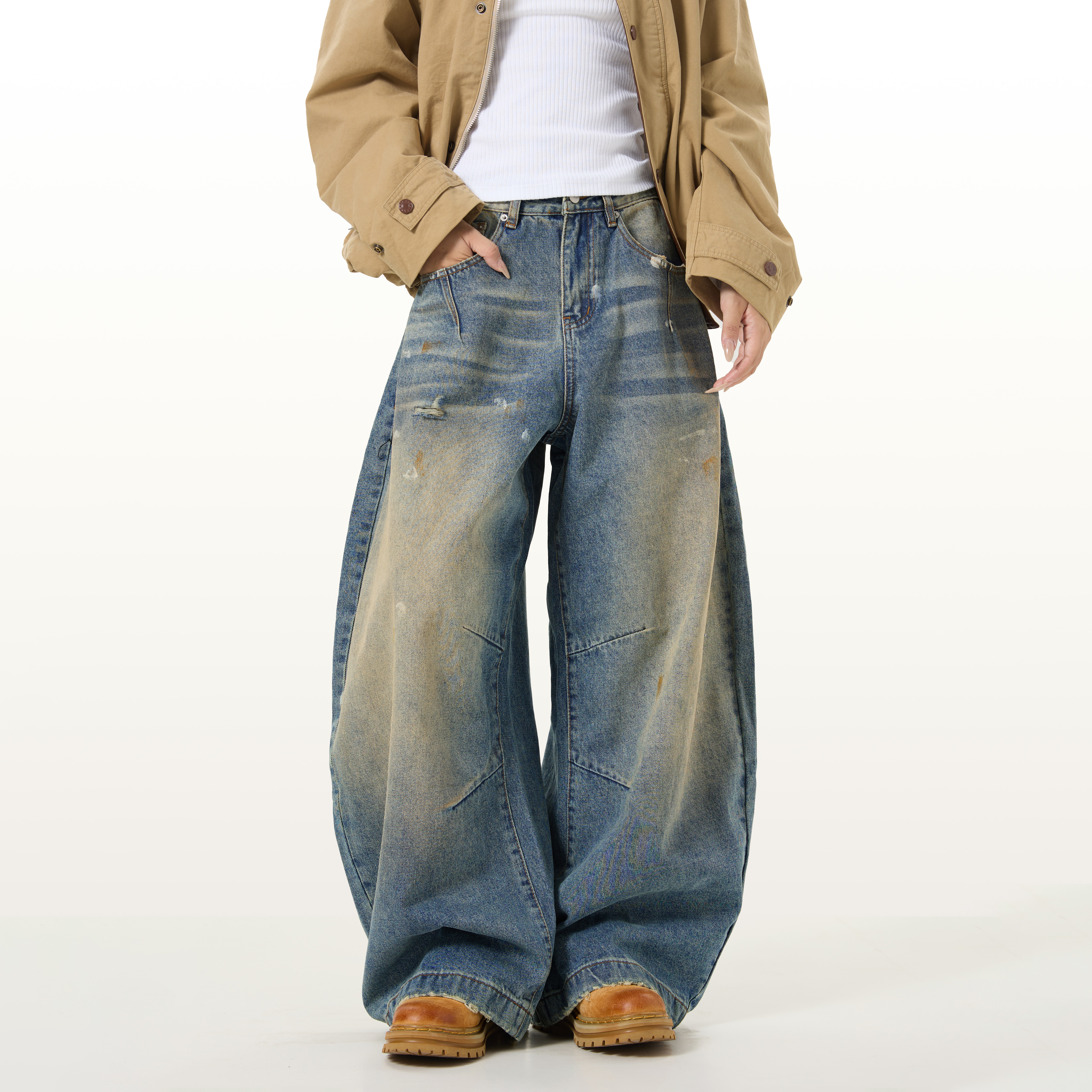 美式复古廓形水洗黄弯刀牛仔裤