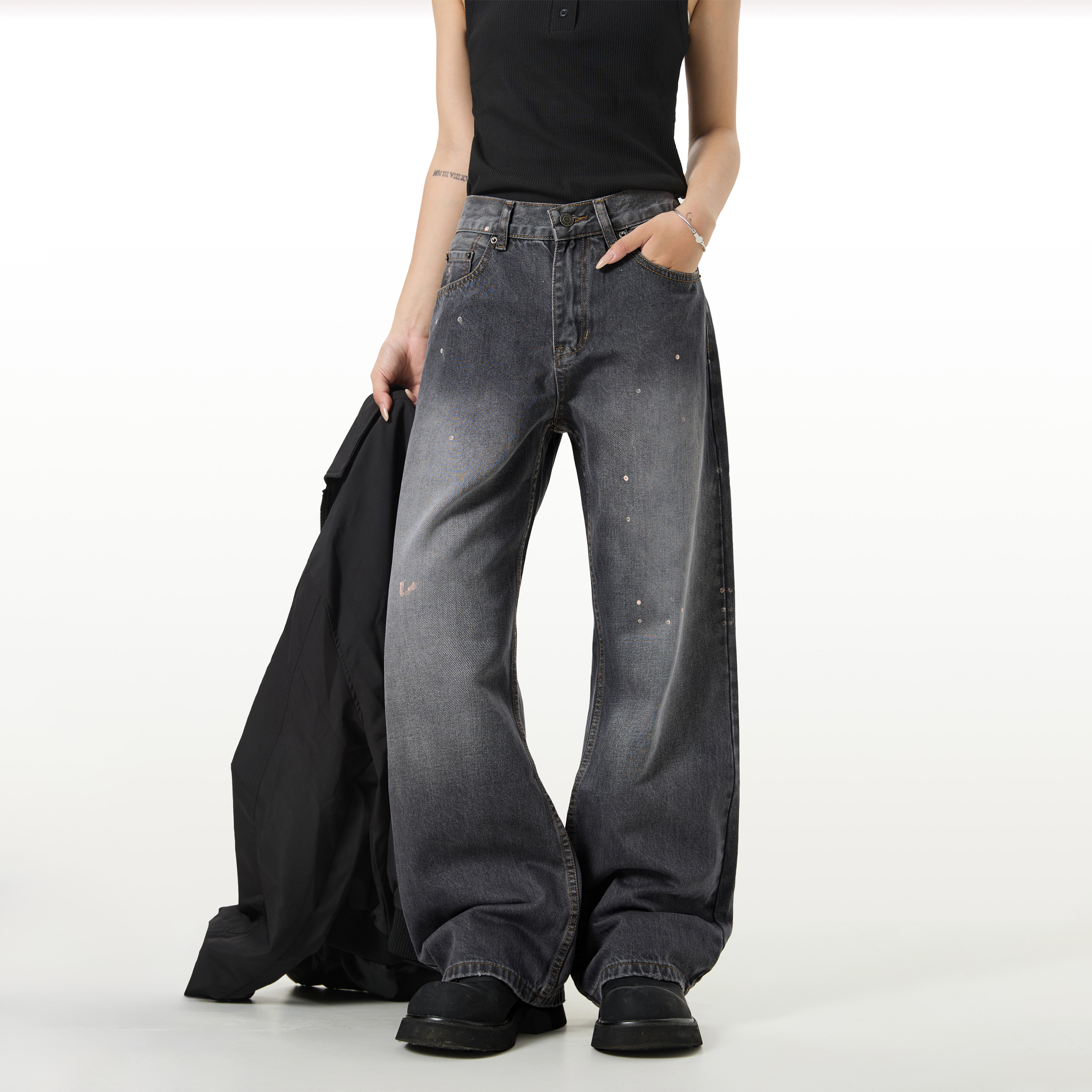 美式复古水洗泼墨脏染牛仔裤