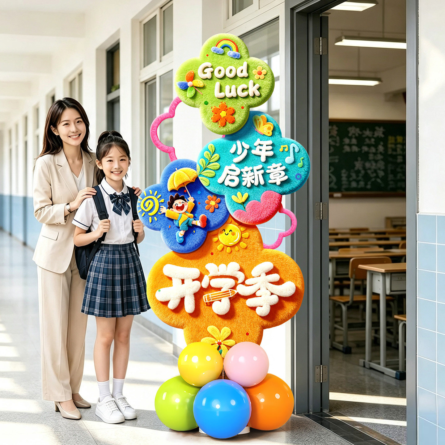 开学仪式感气球立柱装饰幼儿园教室小学氛围场景布置装饰kt板引路图片