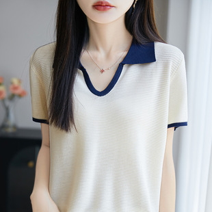 重工polo剪刀领撞色莱赛尔天丝针织短袖 上衣 女t恤薄款 百搭打底衫