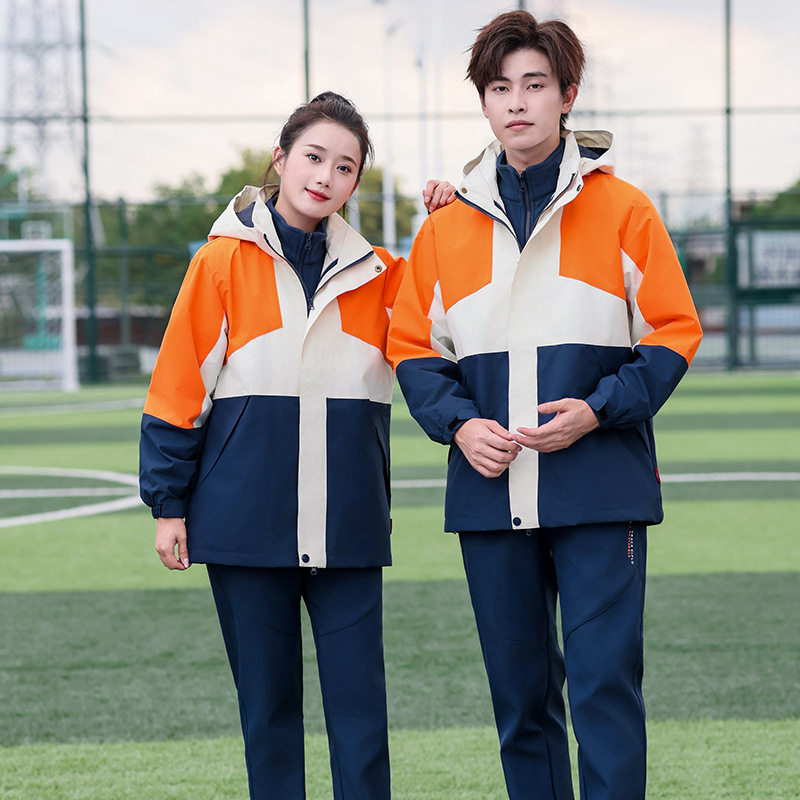 秋冬季中学生冲锋衣校服套装初中高生班服加绒加厚保暖运动三件套