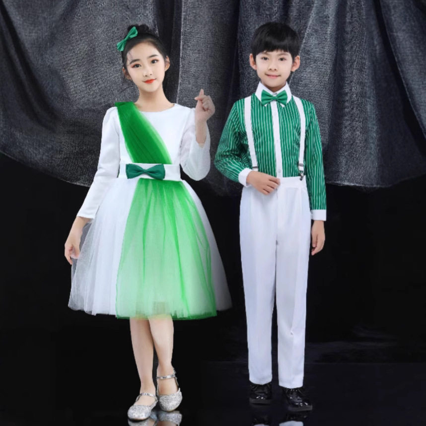 六一新款儿童合唱演出服绿色诗歌朗诵少儿表演服幼儿小学生大合唱