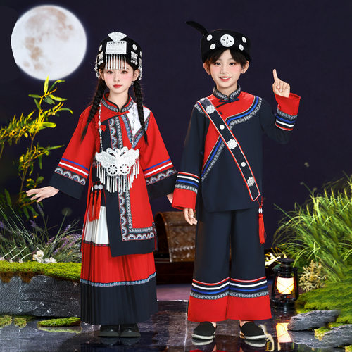 新款儿童彝族服装男女童少数民族演出服火把节彝族舞蹈表演服亲子