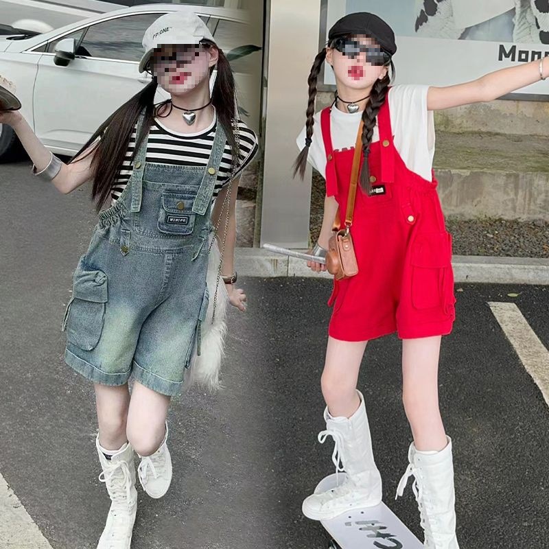 女童夏季牛仔背带短裤套装2024新款中大童洋气时髦夏装两件套
