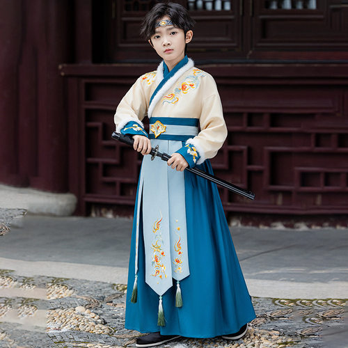 儿童汉服冬季演出服男童明制国风古装武侠风表演服青少年古风少爷