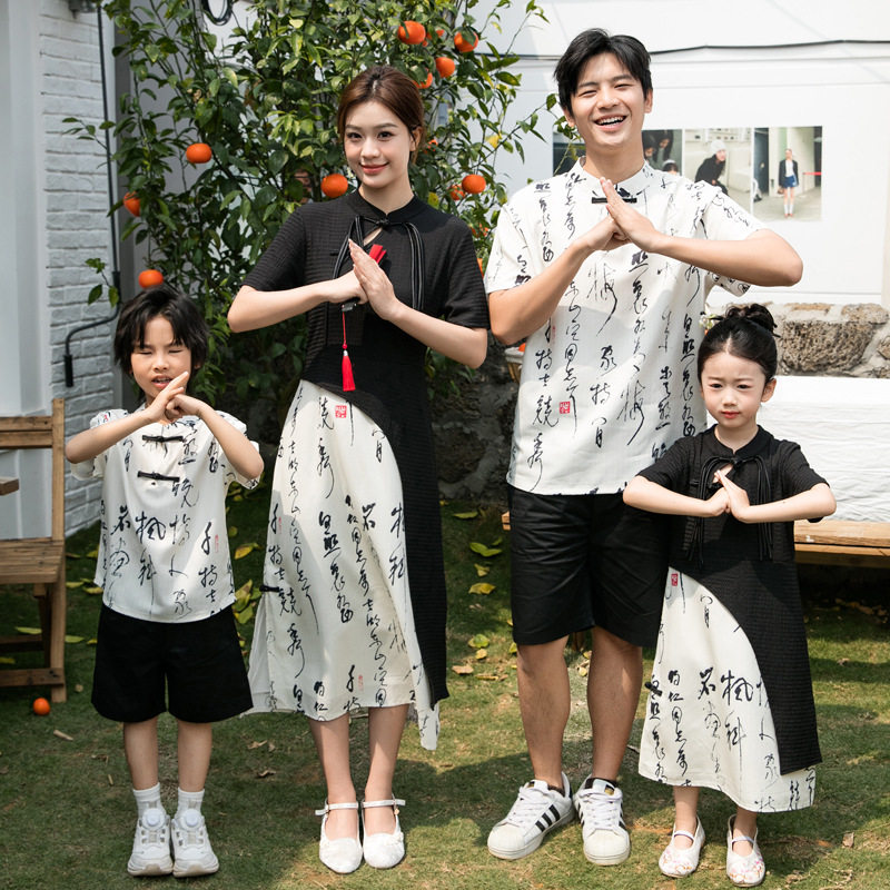 新中式亲子装夏季新款母女旗袍连衣裙一家三口套装儿童汉服表演服