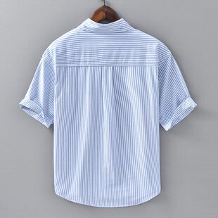 夏季条纹短袖衬衫男装宽松百搭休闲文艺简约舒适衬衣男潮C01