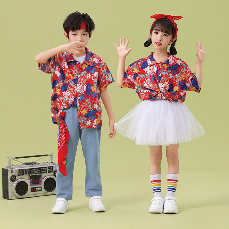 儿童潮酷衬衫蓬蓬裙软牛仔裤表演服小学生合唱团体服拉拉操班服
