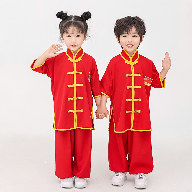 男女儿童武术表演服套装夏季短袖中国风红色唐装太极演出服古装
