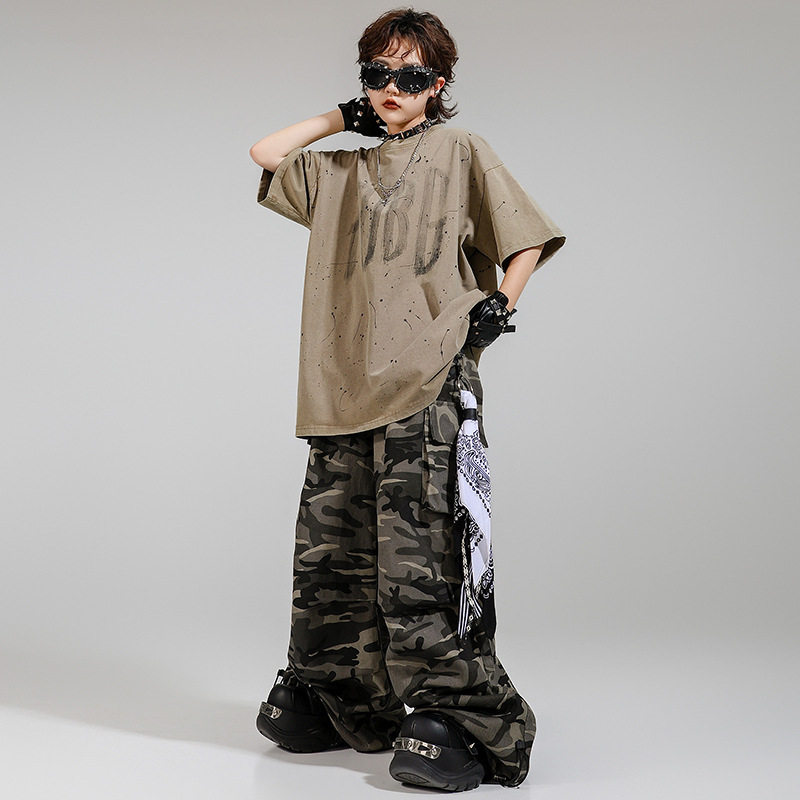 儿童街舞演出服少儿迷彩套装潮服男童hiphop夏季美式复古风表演服