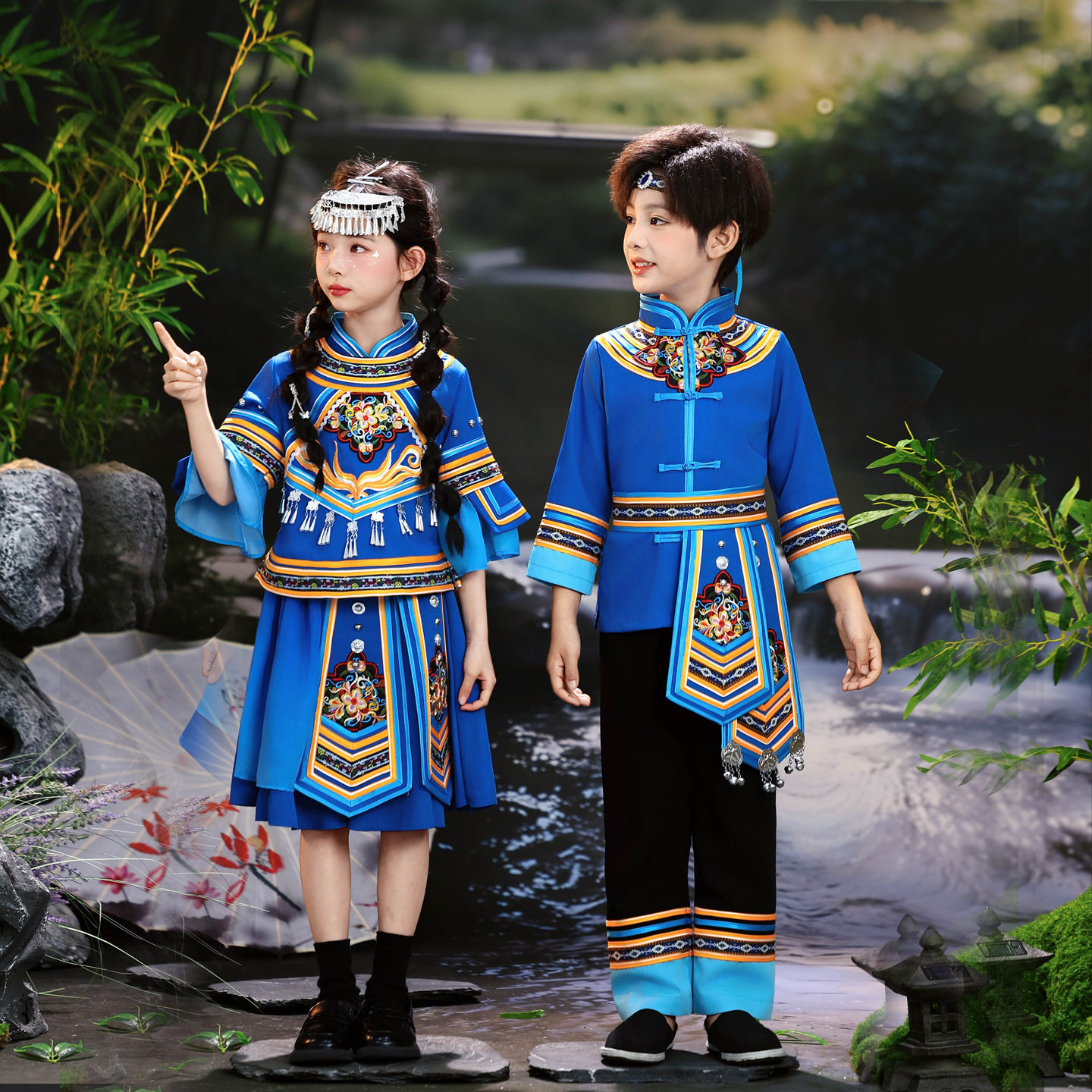 三月三民族服装儿童壮族演出服彝族女童苗族舞蹈裙男孩瑶族表演服