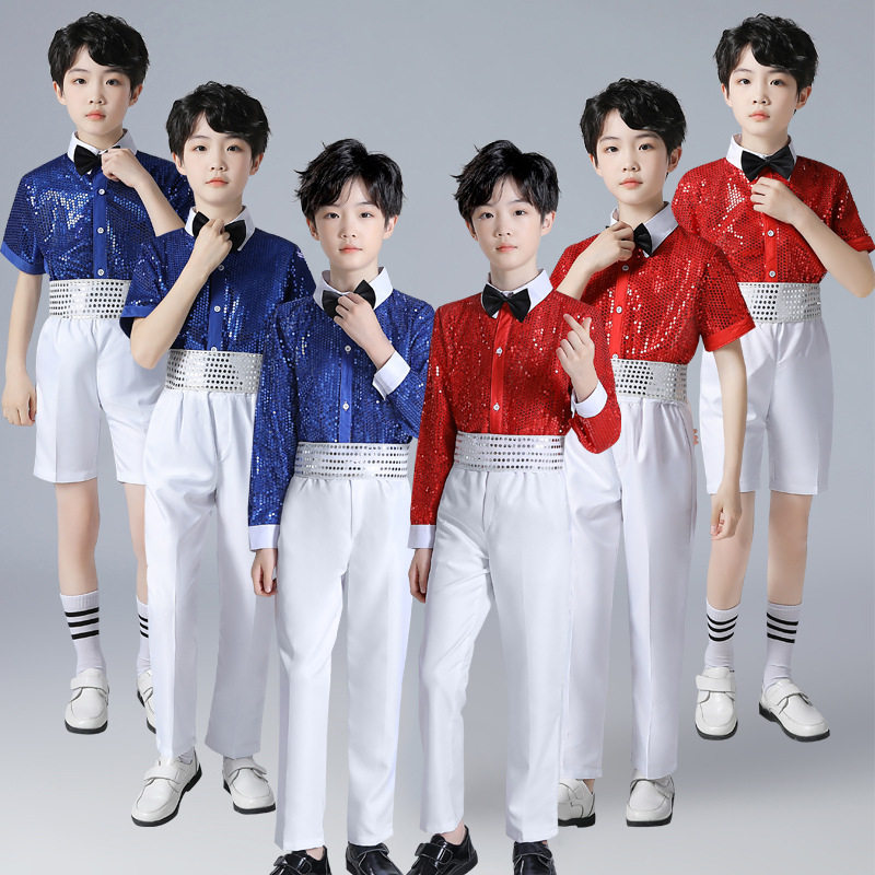 儿童演出服男童背带裤幼儿园合唱男孩礼服亮片舞蹈元旦朗诵表演服