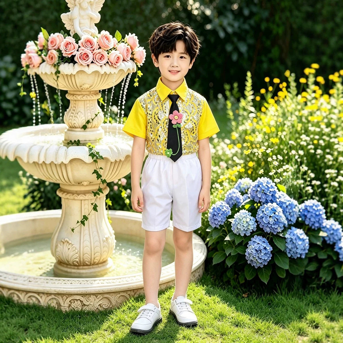 儿童节男童亮片衬衫演出服儿童礼服套装男孩主持人服装幼儿表演服