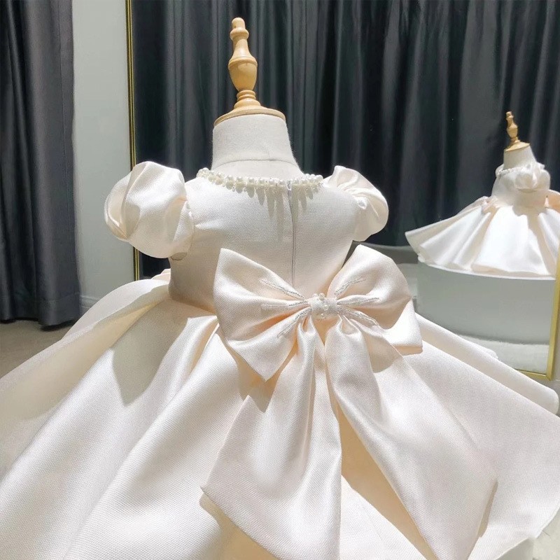儿童礼服高档缎布钉珠女童裙花童婚纱蓬松公主裙舞台表演服生日裙