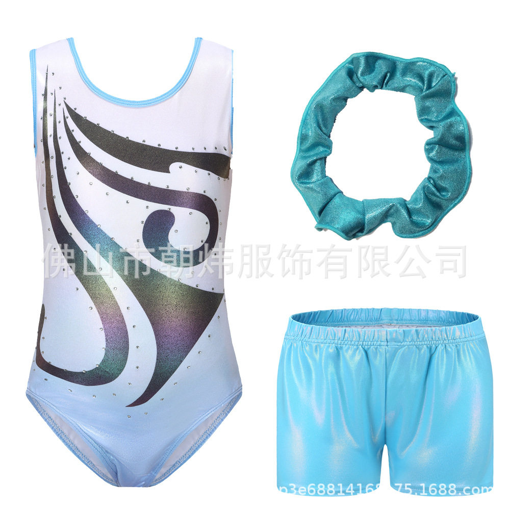 儿童体操服套装舞蹈服表演服紧身衣烫钻女童练功服短裤头花套装