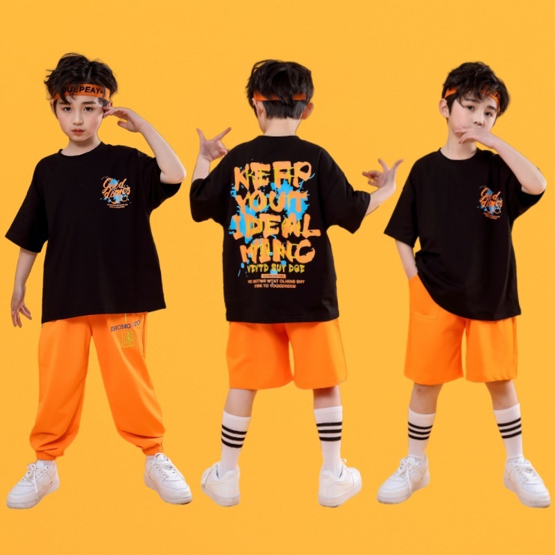 儿童街舞潮服男童嘻哈服装爵士舞套装女童宽松帅气T恤夏季HIPHOP